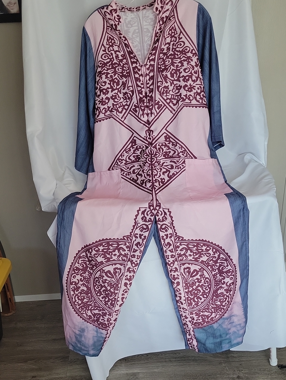 Pink Printed Women's Jumpsuit with Blue Trim